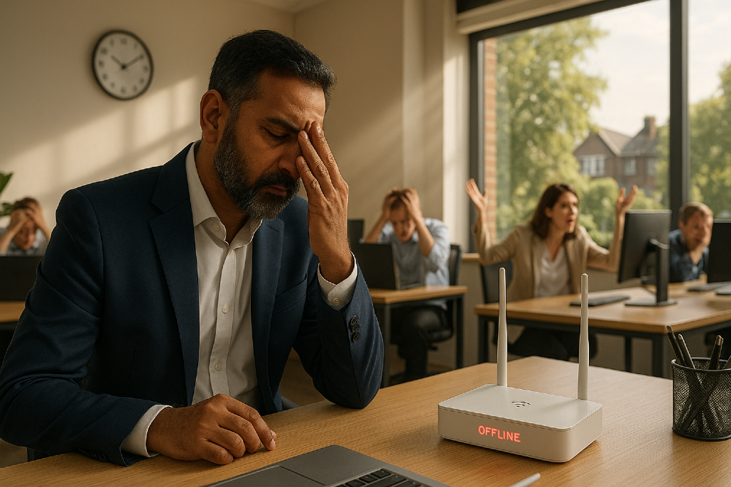 Business router fails, Connections broken, growth spurned, Success halts